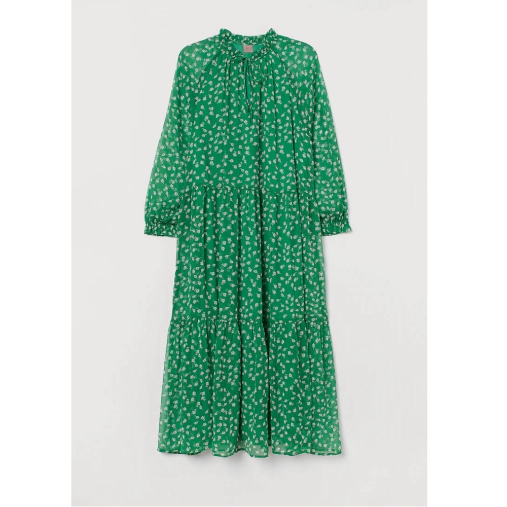 H&M Green & White Does Ditsy Floral Printed Long Sleeve Flowy Chiffon Maxi Dress - Picture 4 of 10